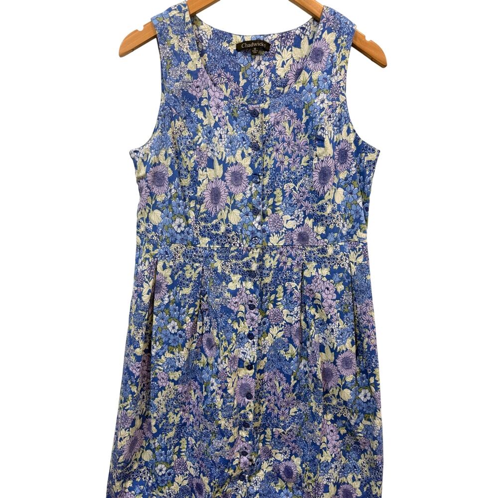 Chadwicks Floral Botanical Cotton Sleeveless Button Front Lined Dress Size 12